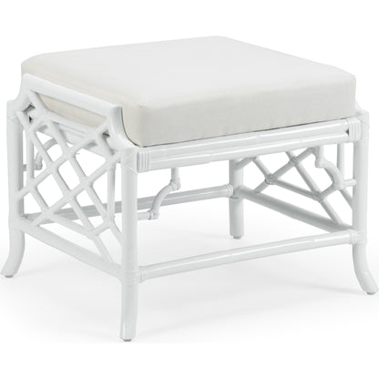 Wild Palm Ottoman by Wildwood in white, off white. Made from rattan, fabric in a coastal style.