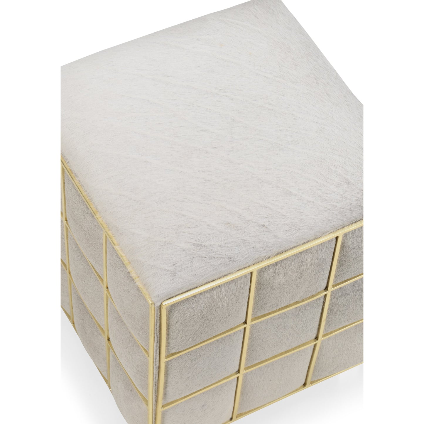 003 SR-837275 | Closeup | Square Hide Stool by Wildwood in natural light gray, polished brass. Made from hair on hyde, staineless steel in a transitional style.