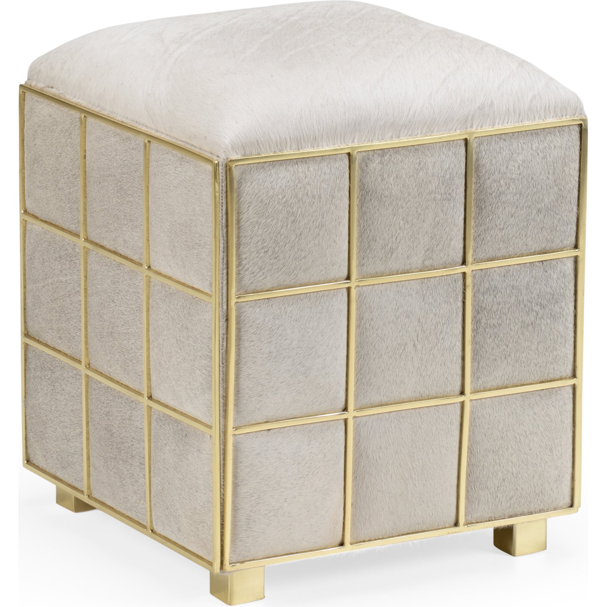 Square Hide Stool by Wildwood in natural light gray, polished brass. Made from hair on hyde, staineless steel in a transitional style.