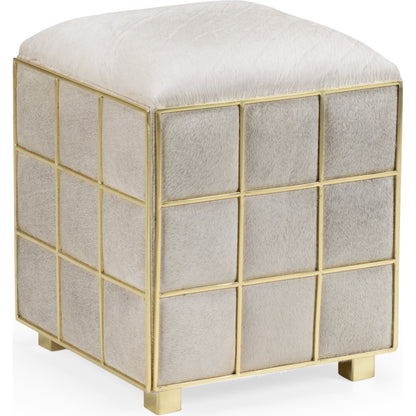 Square Hide Stool by Wildwood in natural light gray, polished brass. Made from hair on hyde, staineless steel in a transitional style.
