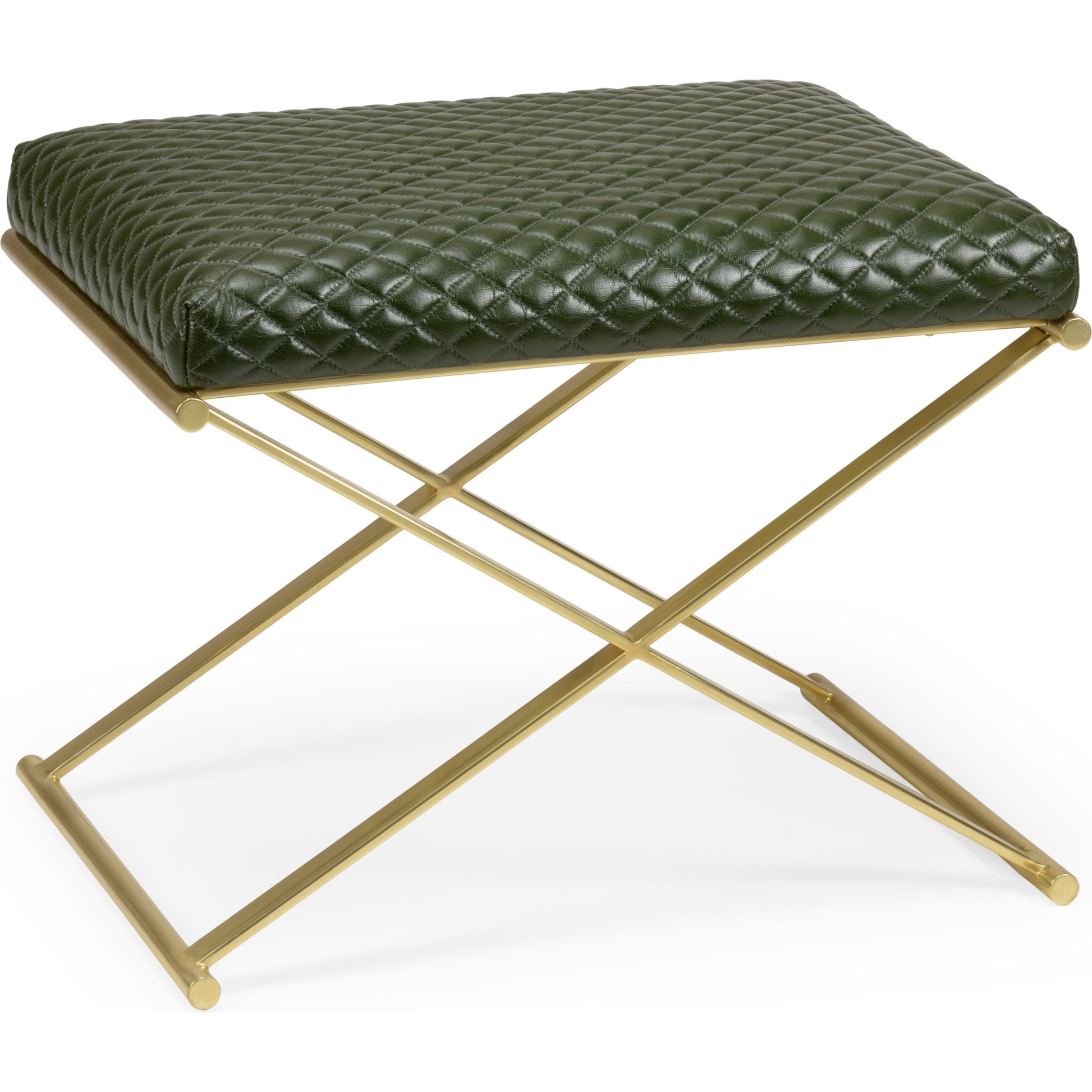 Garrett Leather Stool by Wildwood in dark green, polished brass. Made from leather in a transitional style.