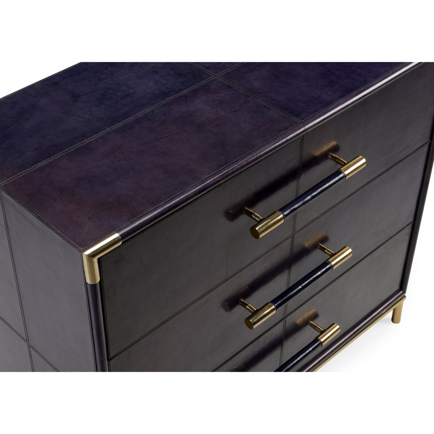 004 SR-837116 | Closeup | Bruce Blue Chest by Wildwood in midnight, antique brass. Made from leather in a transitional style.