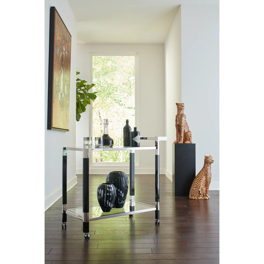 Black Acrylic Bar Cart by Wildwood in polished nickel, black, clear. Made from metal, acrylic, glass in a transitional style.