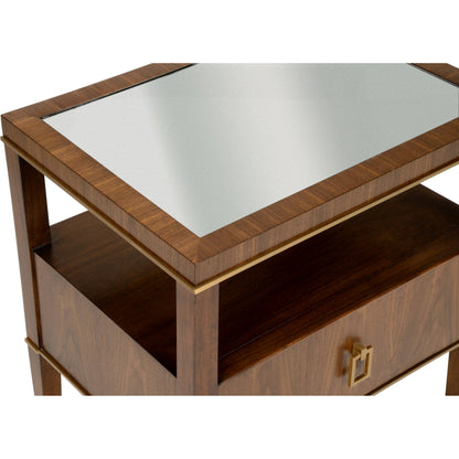 Brady Bedside Table by Wildwood in walnut , antique mirrored glass. Made from unique in a modern style.