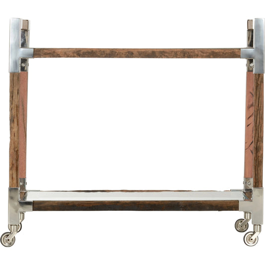 Glam Bar Cart by Wildwood. Made from rough wood/tempered glass/metal in a modern style.