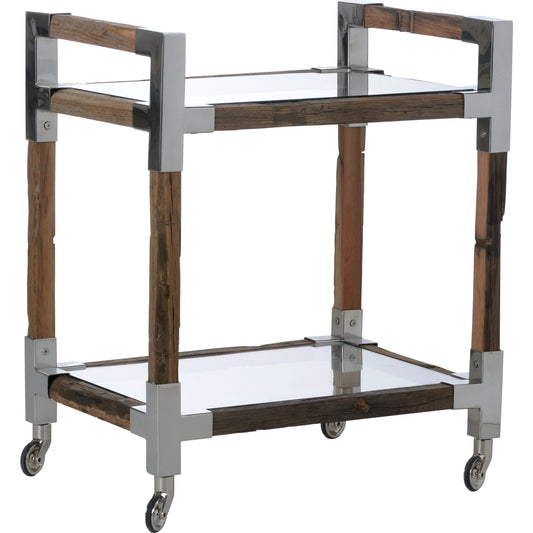 Glam Bar Cart by Wildwood. Made from rough wood/tempered glass/metal in a modern style.