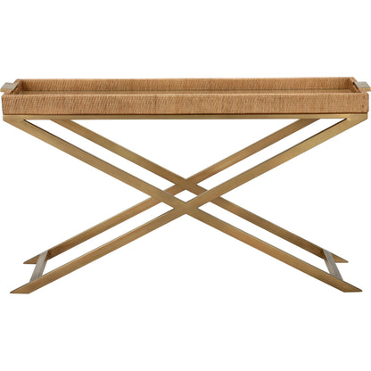 Vieux Carre Console by Wildwood in natural, clear, bronze. Made from wood/woven cane/glass in a modern style.
