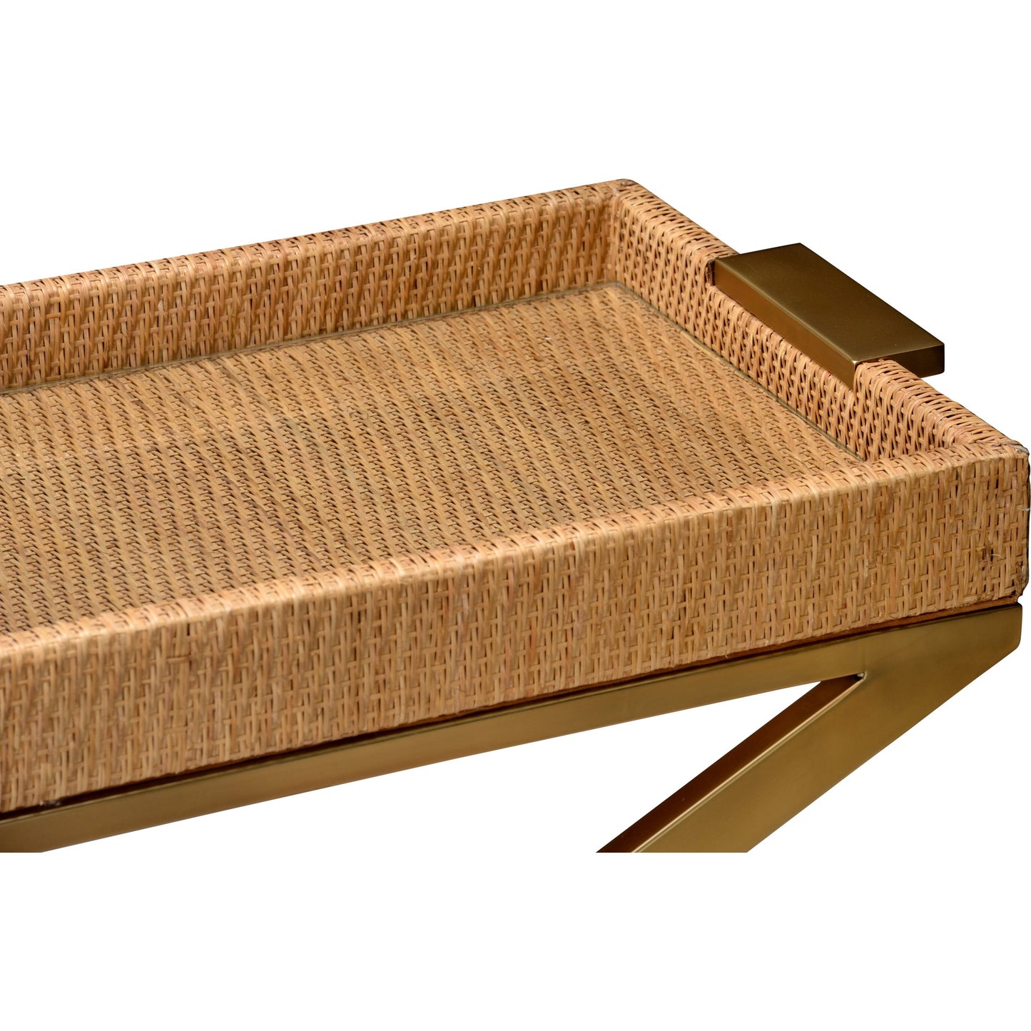 004 SI-2106179 | Closeup | Vieux Carre Console by Wildwood in natural, clear, bronze. Made from wood/woven cane/glass in a modern style.