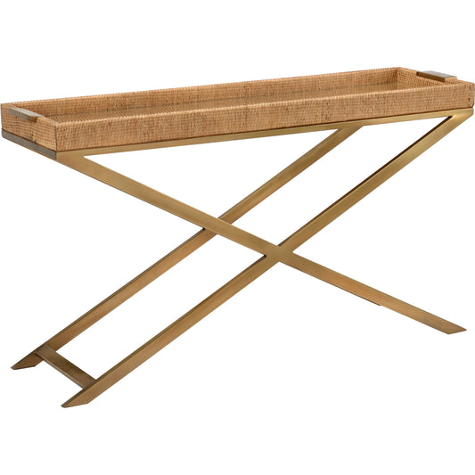 Vieux Carre Console by Wildwood in brown. Made from wood/woven cane/glass in a modern style.