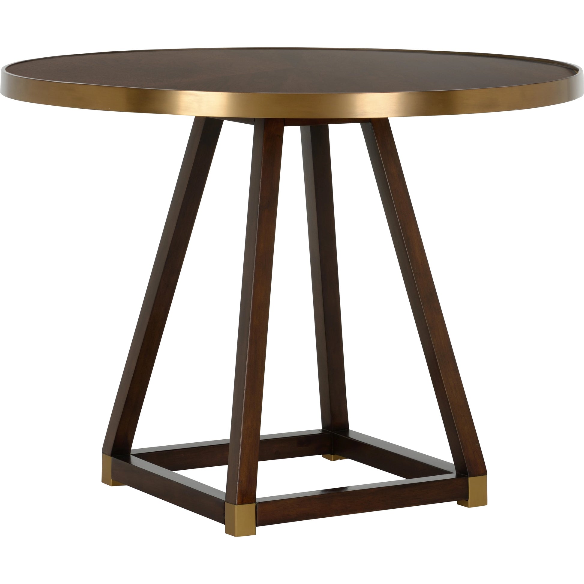 Renzo Center Table by Wildwood in brown, antique brass. Made from wood/metal in a modern style.