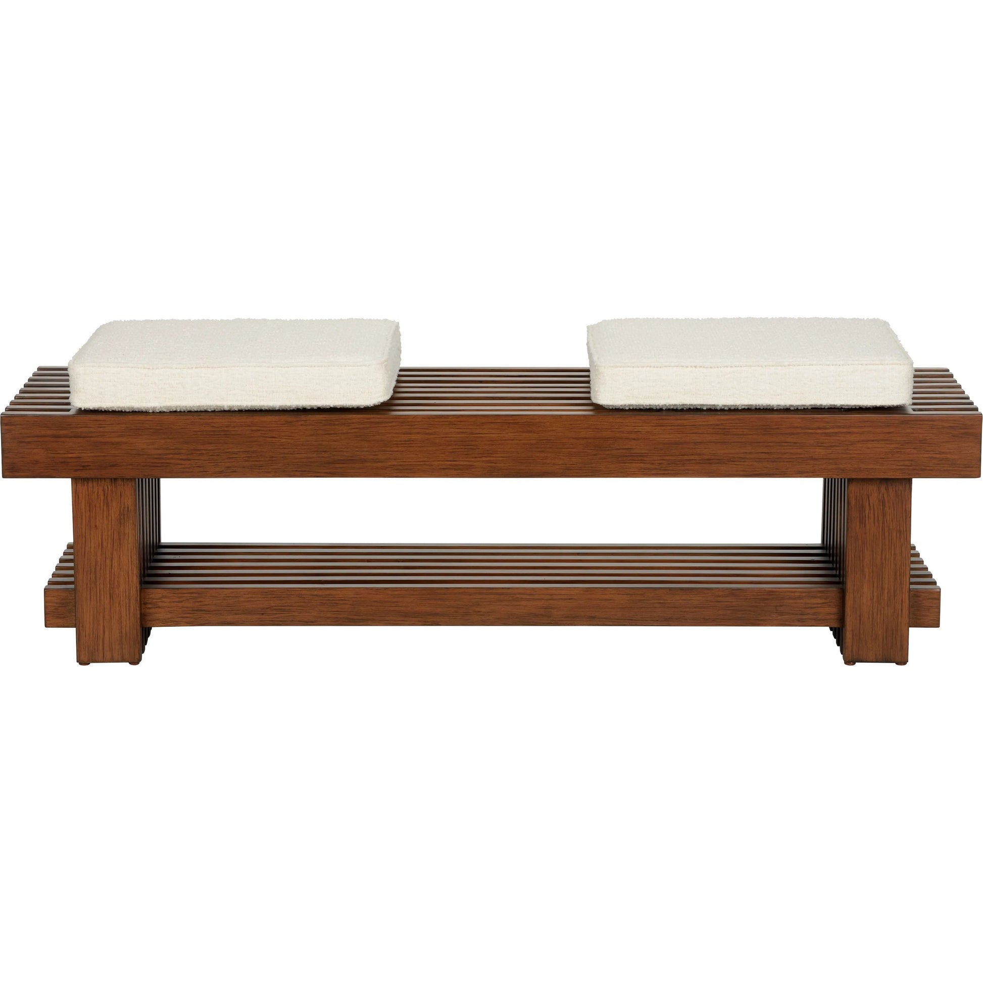 Maki Bench by Wildwood in brown and walnut, natural. Made from wood, boucle fabric in a transitional style.