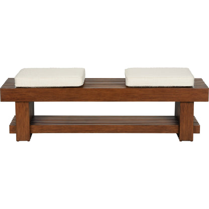 Maki Bench by Wildwood in brown and walnut, natural. Made from wood, boucle fabric in a transitional style.