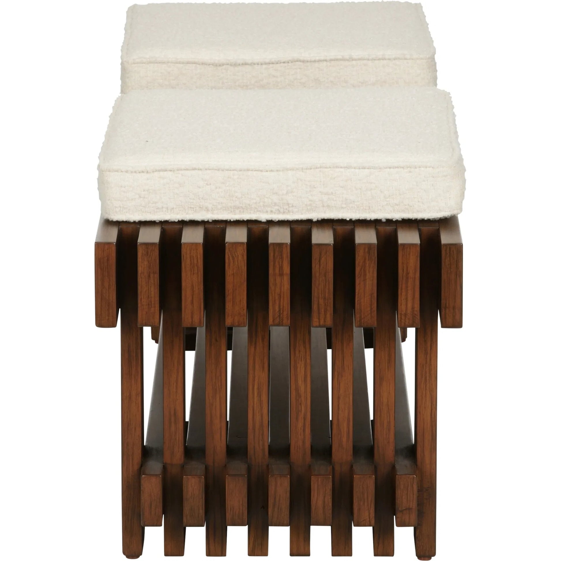 Maki Bench by Wildwood in brown and walnut, natural. Made from wood, boucle fabric in a transitional style.