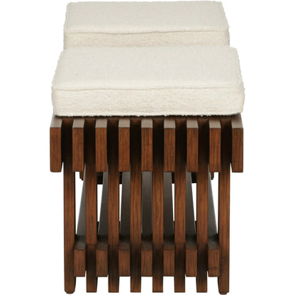 Maki Bench by Wildwood in brown and walnut, natural. Made from wood, boucle fabric in a transitional style.