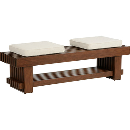 Maki Bench by Wildwood in brown and walnut, natural. Made from wood, boucle fabric in a transitional style.
