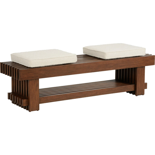 Maki Bench by Wildwood in brown. Made from wood, boucle fabric in a unique style.