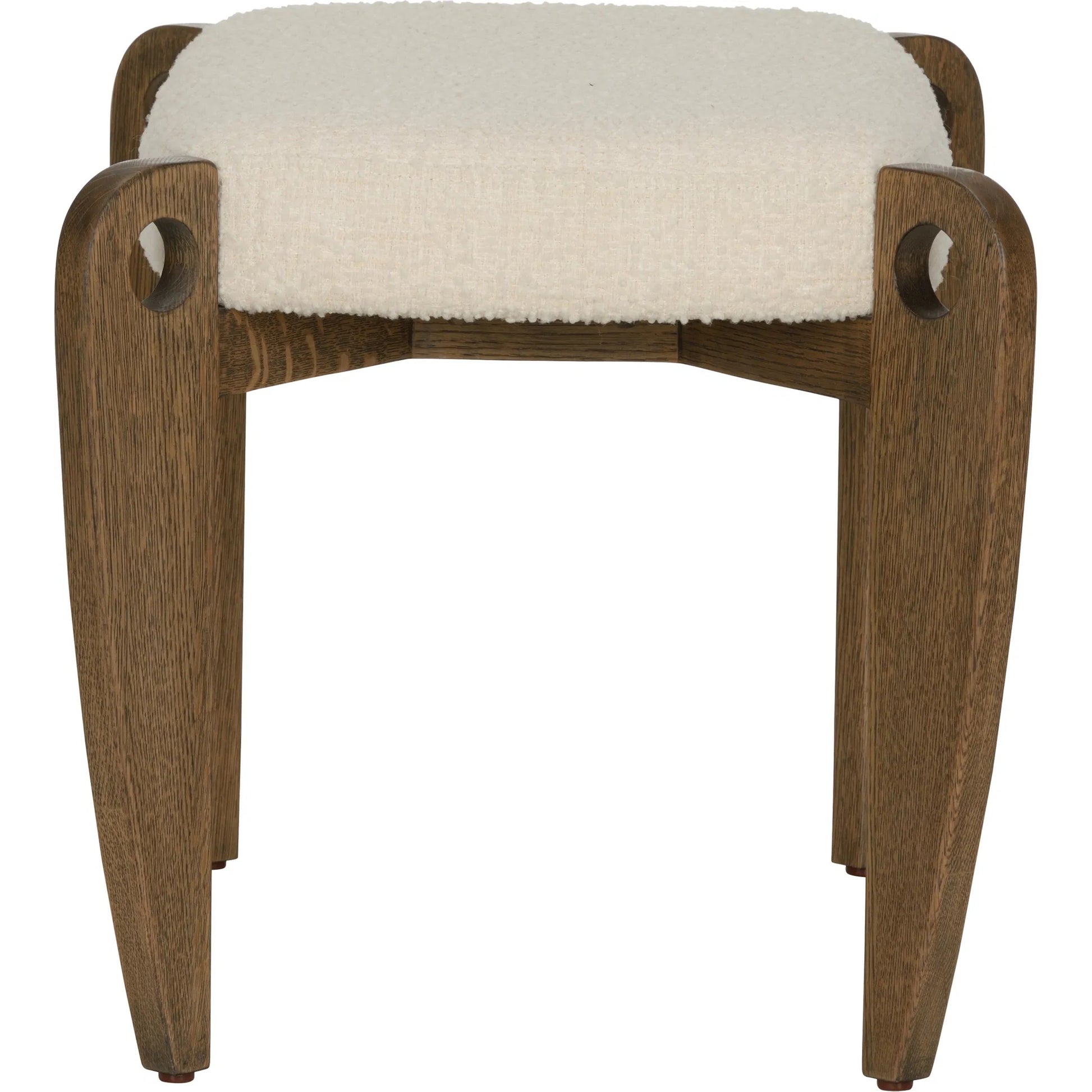 Eyelet Vanity Stool by Wildwood in white, cream, brown and driftwood, white boucle. Made from unique in a transitional style.