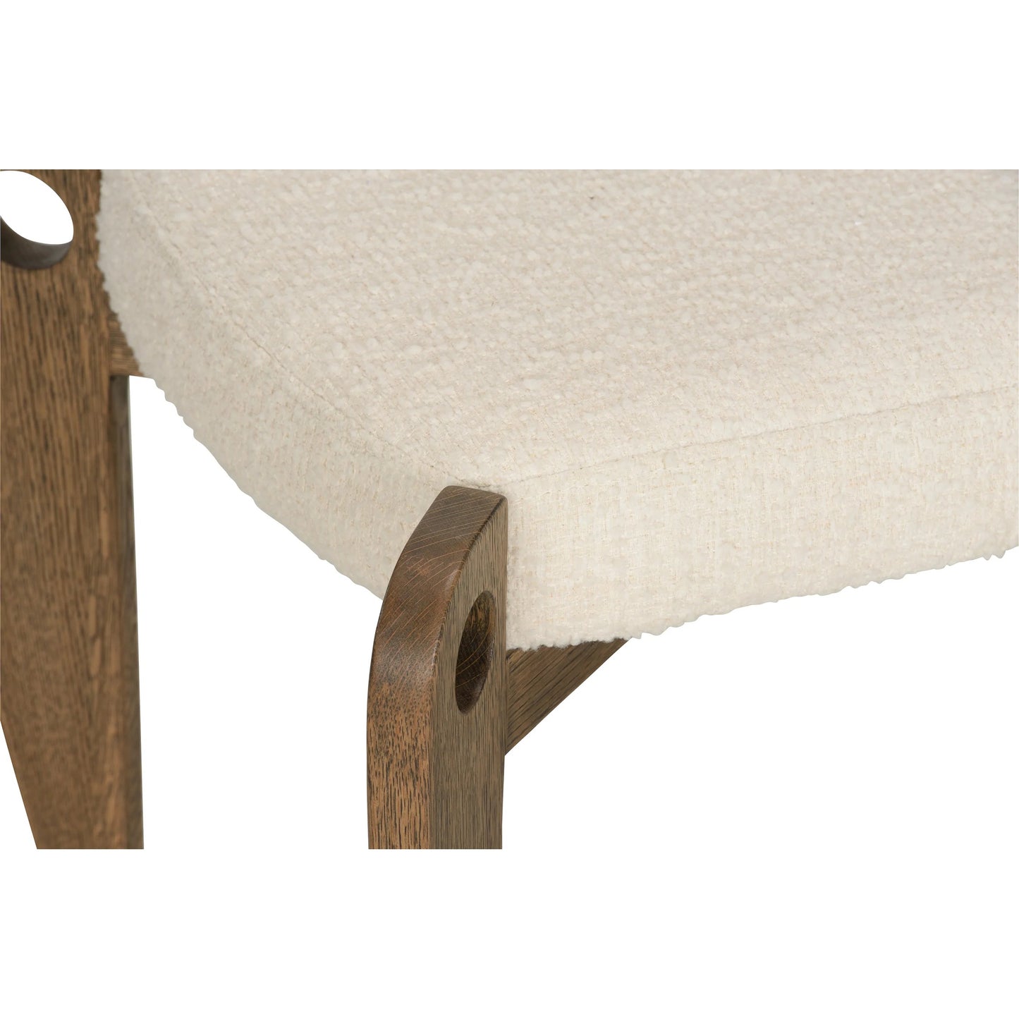 004 SI-2335154 | Closeup | Eyelet Vanity Stool by Wildwood in white, cream, brown and driftwood, white boucle. Made from unique in a transitional style.