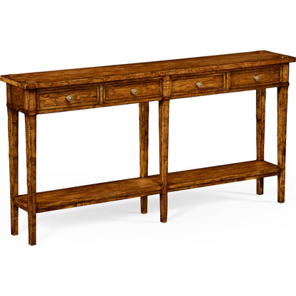 Casual Accents Country Walnut 4 Drawer Console Table by Jonathan Charles in brown and country farmhouse walnut. Made from acacia in a traditional style.