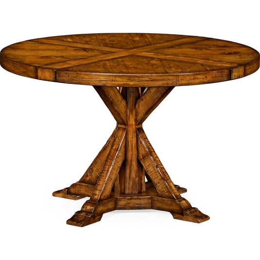 Casual Accents Country Walnut Round Wood Dining Table by Jonathan Charles in country farmhouse walnut. Made from acacia in a rustic style.