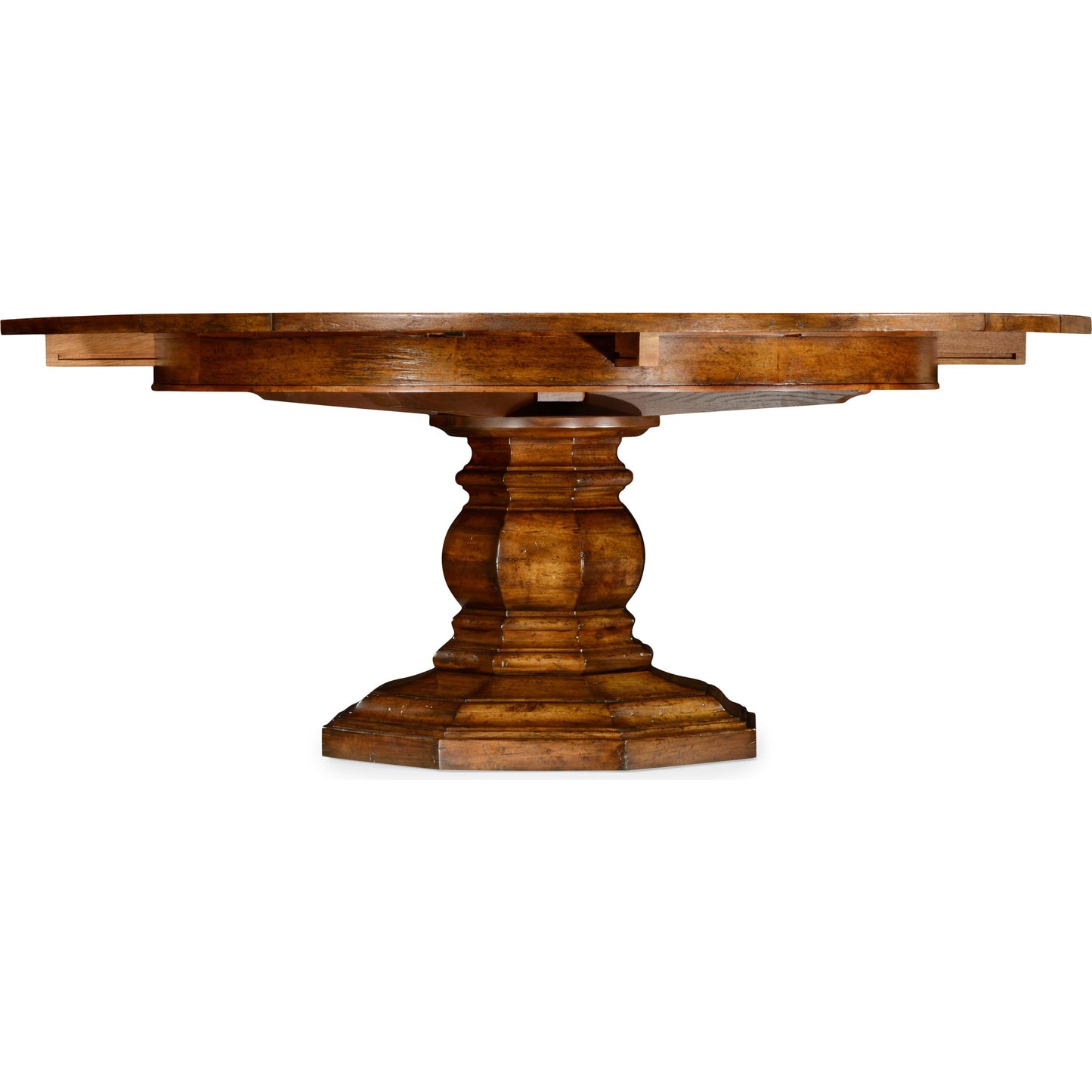 010 SR-846201 | Closeup | Casual Accents Country Walnut Round Extendable Dining Table 59" by Jonathan Charles in brown and country farmhouse walnut. Made from acacia in a traditional style.