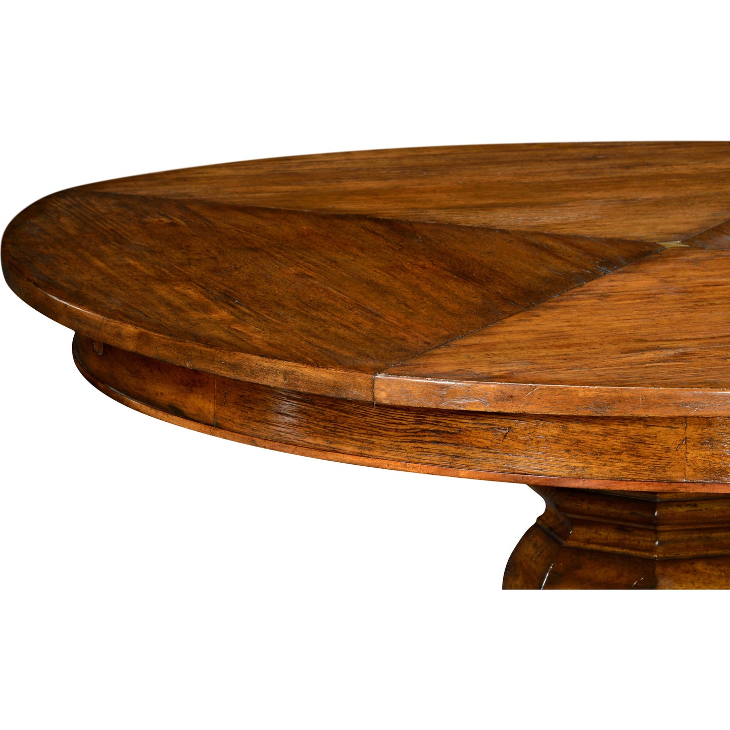 011 SR-846201 | Closeup | Casual Accents Country Walnut Round Extendable Dining Table 59" by Jonathan Charles in brown and country farmhouse walnut. Made from acacia in a traditional style.