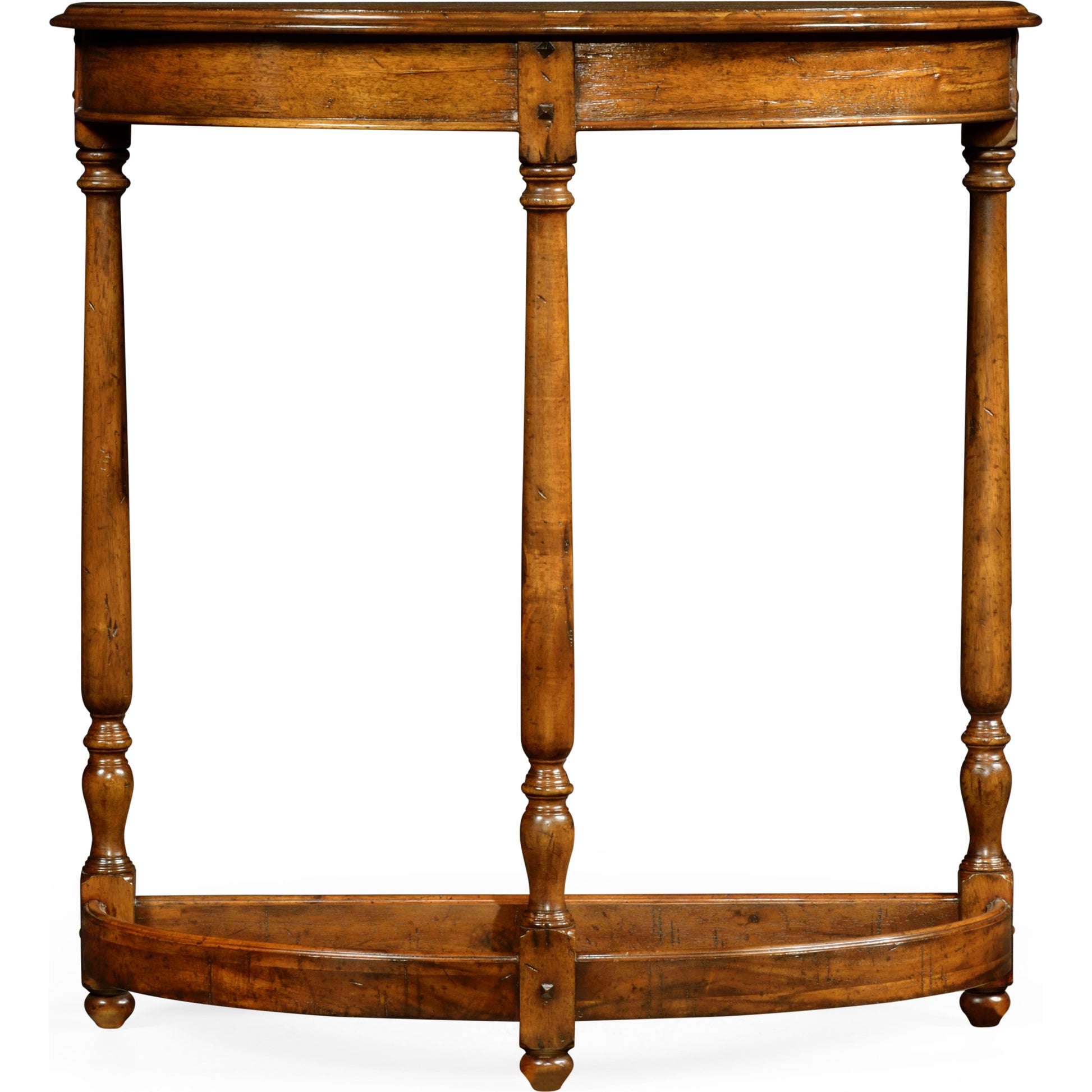 Casually Country Walnut Demilune Console Table by Jonathan Charles in country farmhouse walnut. Made from acacia in a traditional style.