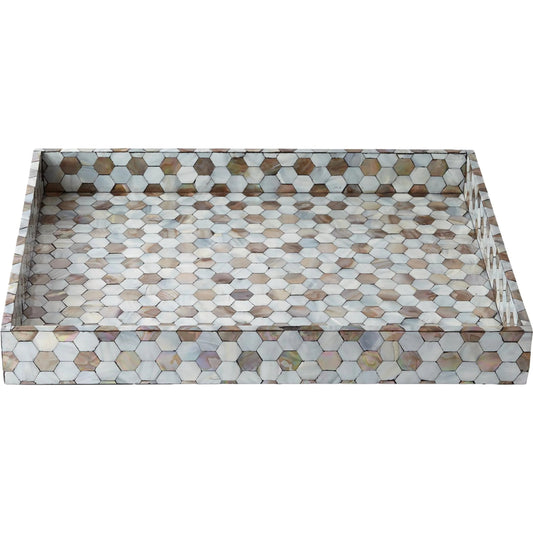Mother of Pearl Tray by Global Views in pale blue. Made from mdf, plywood, mother of pearl in a coastal style.