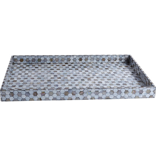 Mother of Pearl Tray by Global Views in pale blue. Made from mdf, plywood, mother of pearl in a coastal style.