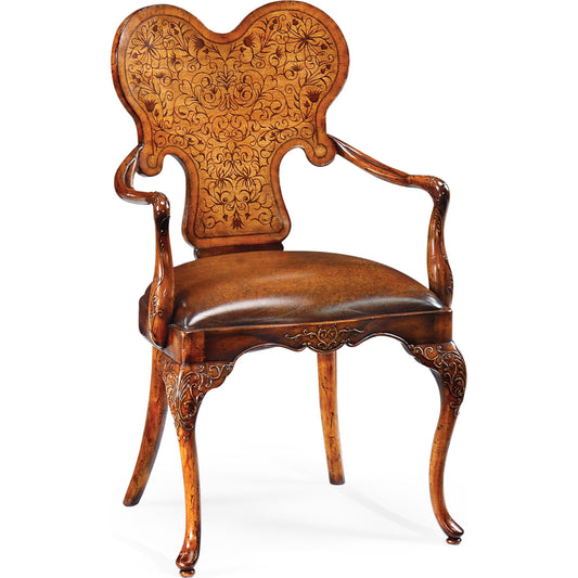 La Rochelle Seaweed Marquetry Armchair by Jonathan Charles in medium walnut. Made from acacia in a traditional style.