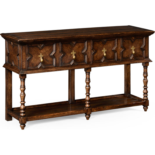 Country Farmhouse Tudor Style Dark Oak Buffet by Jonathan Charles in brown and dark brown tudor oak. Made from oak in a traditional style.