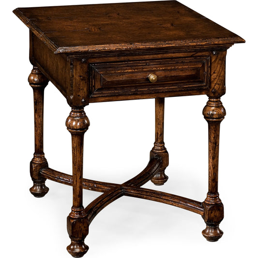 Casual Accents Elizabethan Dark Oak Square Side Table by Jonathan Charles in dark brown tudor oak. Made from oak in a traditional style.