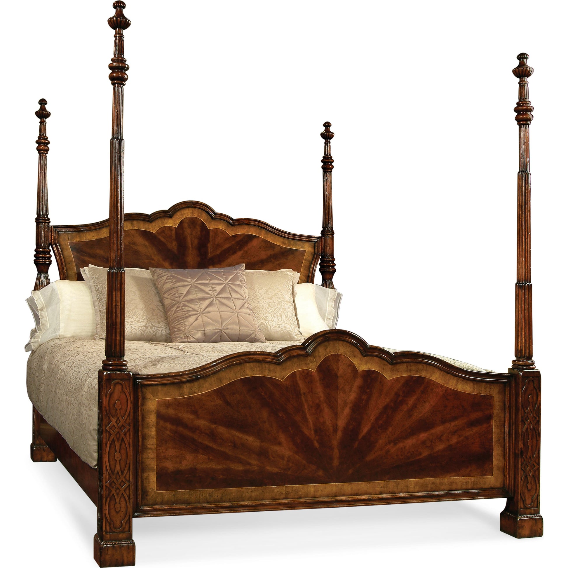 Versailles Mahogany King Poster Bed by Jonathan Charles in brown and medium antique mahogany. Made from mahogany in a traditional style.