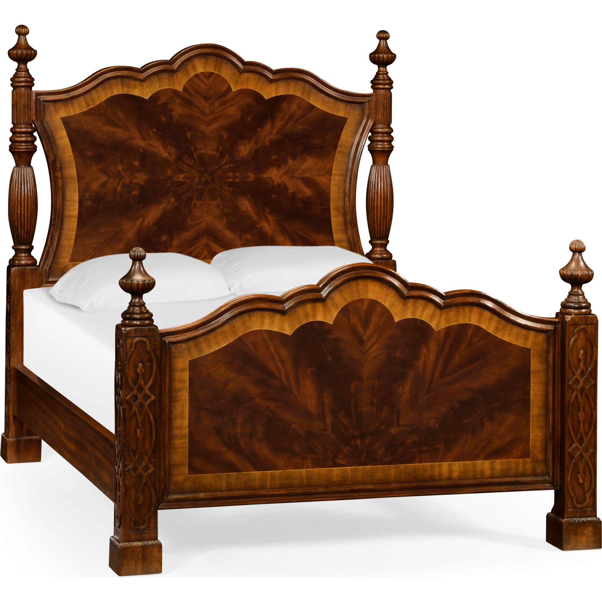 Versailles Mahogany King Poster Bed by Jonathan Charles in brown and medium antique mahogany. Made from mahogany in a traditional style.