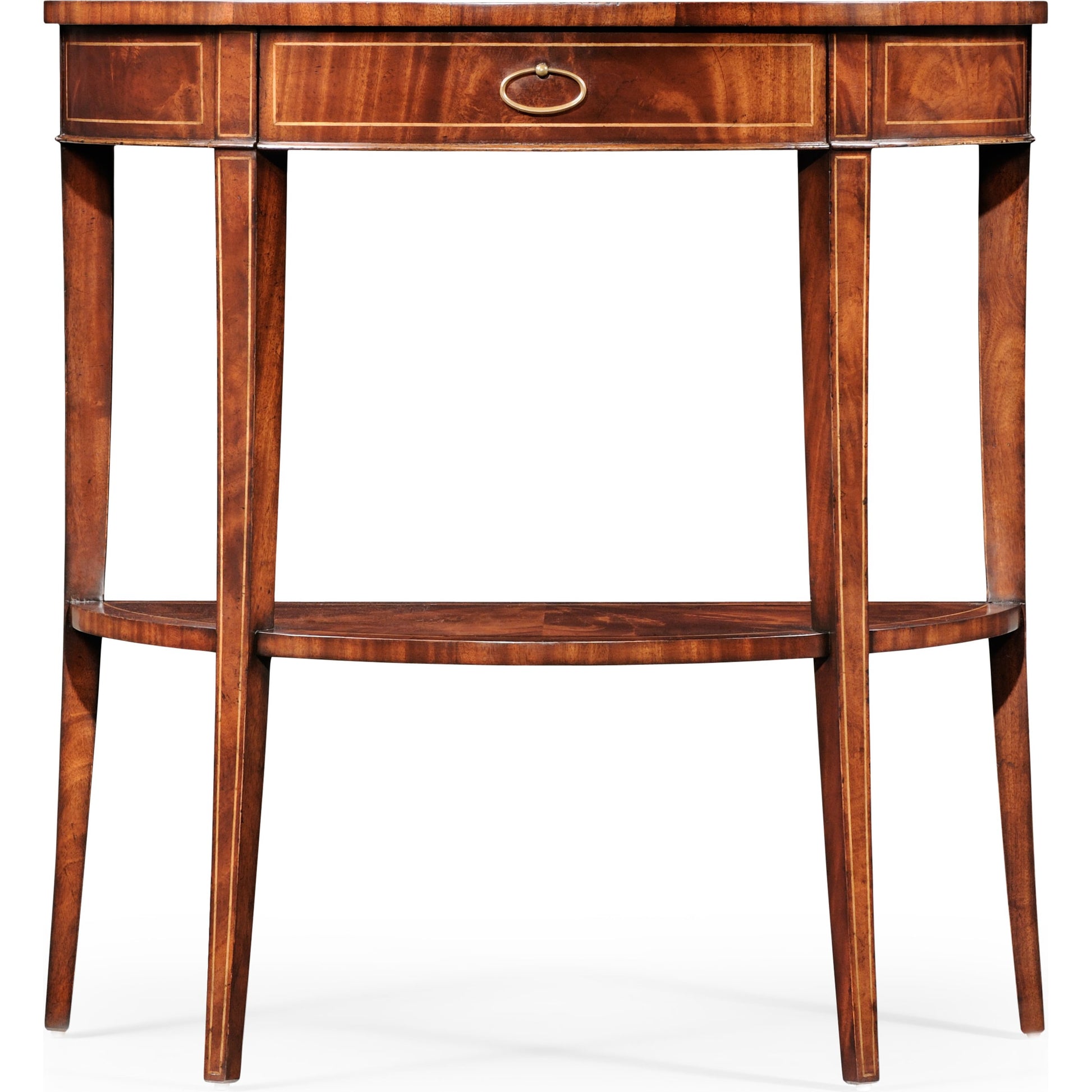 Clean & Classic Boxwood Stringing Demilune Console by Jonathan Charles in light antique mahogany. Made from acacia in a traditional style.