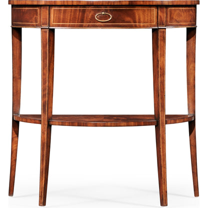 Clean & Classic Boxwood Stringing Demilune Console by Jonathan Charles in light antique mahogany. Made from acacia in a traditional style.