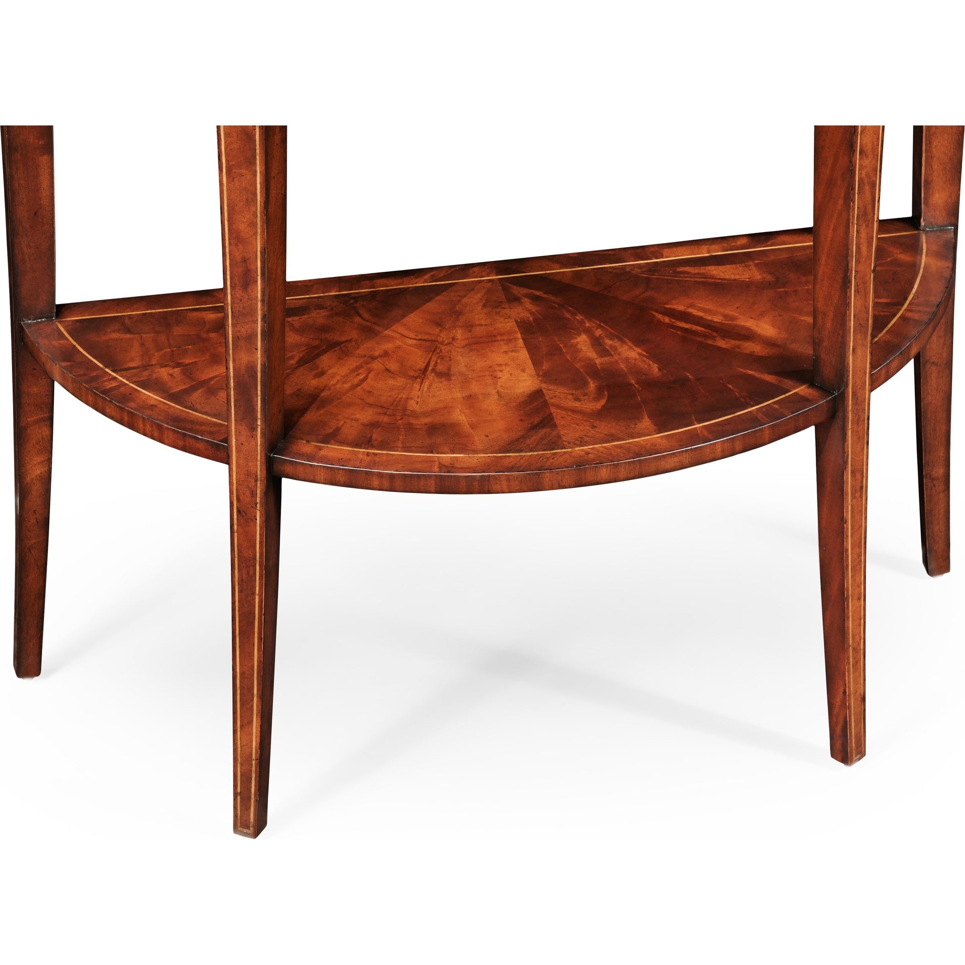 Clean & Classic Boxwood Stringing Demilune Console by Jonathan Charles in light antique mahogany. Made from acacia in a traditional style.