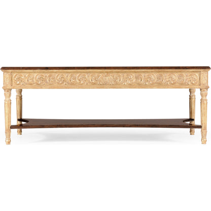 Versailles Louis Xiv Style Rectangular Coffee Table by Jonathan Charles in gold and light antique gold-leaf. Made from acacia in a traditional style.