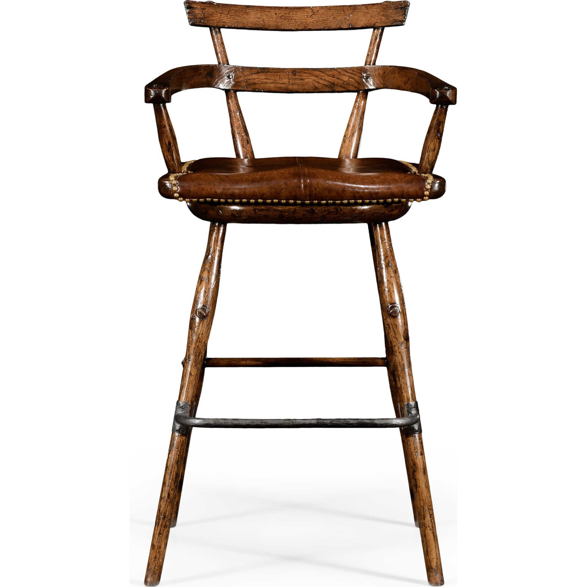 Casual Accents Tudor Oak Studded Leather Bar Stool by Jonathan Charles in brown and dark brown tudor oak. Made from oak in a rustic style.