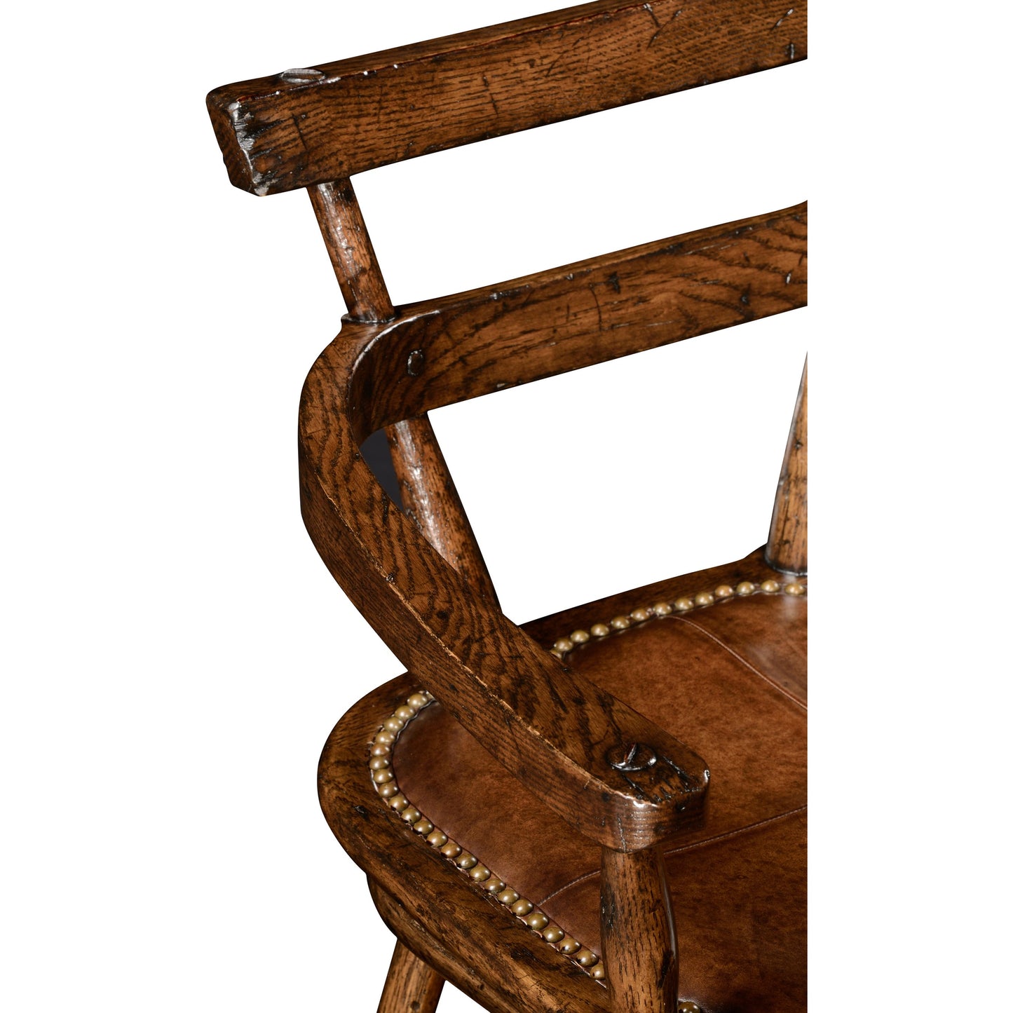 004 SR-847231 | Closeup | Casual Accents Tudor Oak Studded Leather Bar Stool by Jonathan Charles in brown and dark brown tudor oak. Made from oak in a rustic style.