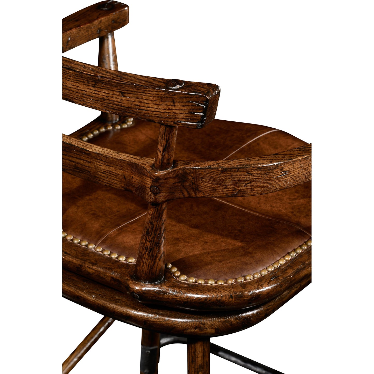 005 SR-847231 | Closeup | Casual Accents Tudor Oak Studded Leather Bar Stool by Jonathan Charles in brown and dark brown tudor oak. Made from oak in a rustic style.