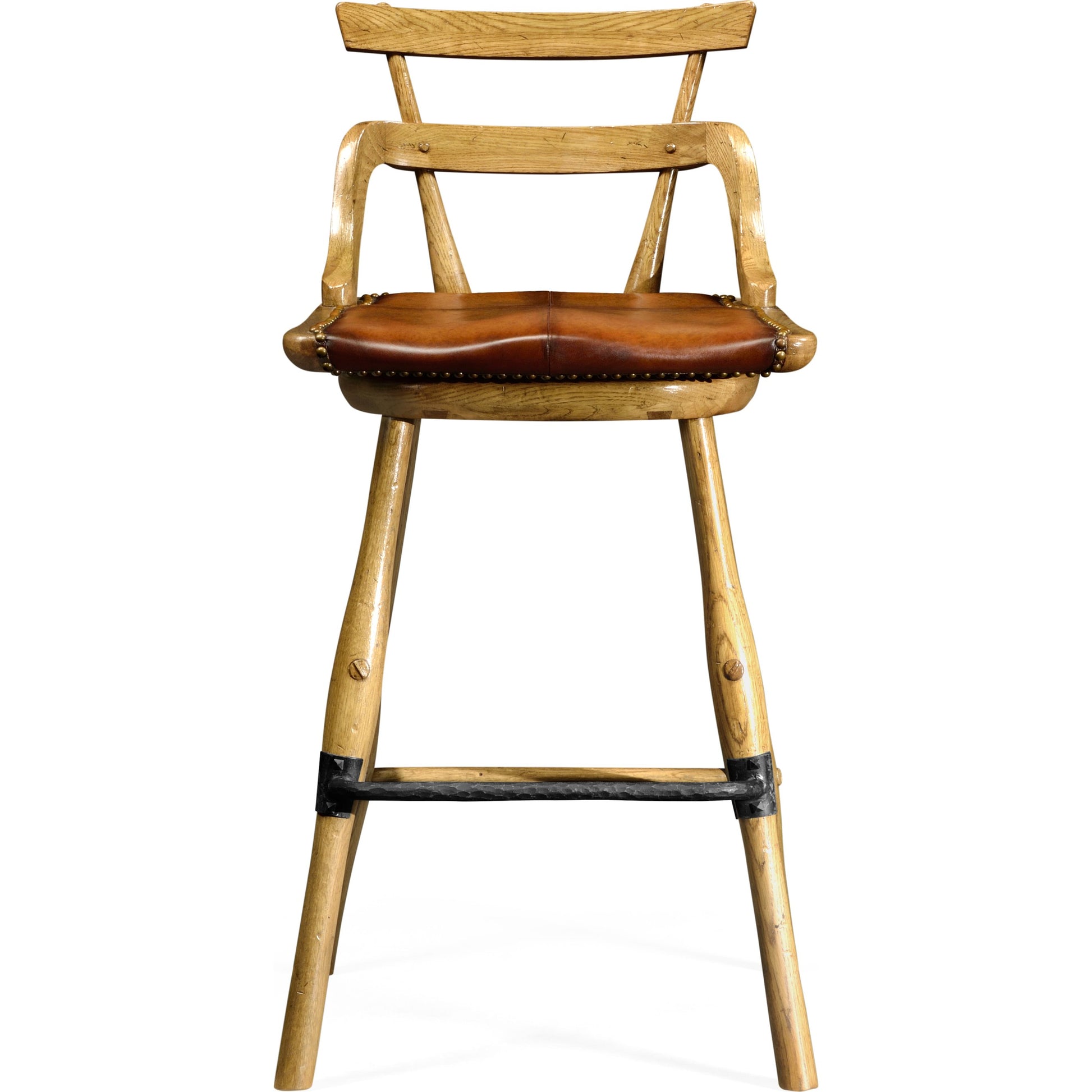 Buckingham Oak Studded Leather Barstool by Jonathan Charles in brown and dark brown tudor oak. Made from oak in a rustic style.