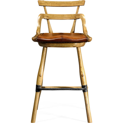 Buckingham Oak Studded Leather Barstool by Jonathan Charles in brown and dark brown tudor oak. Made from oak in a rustic style.