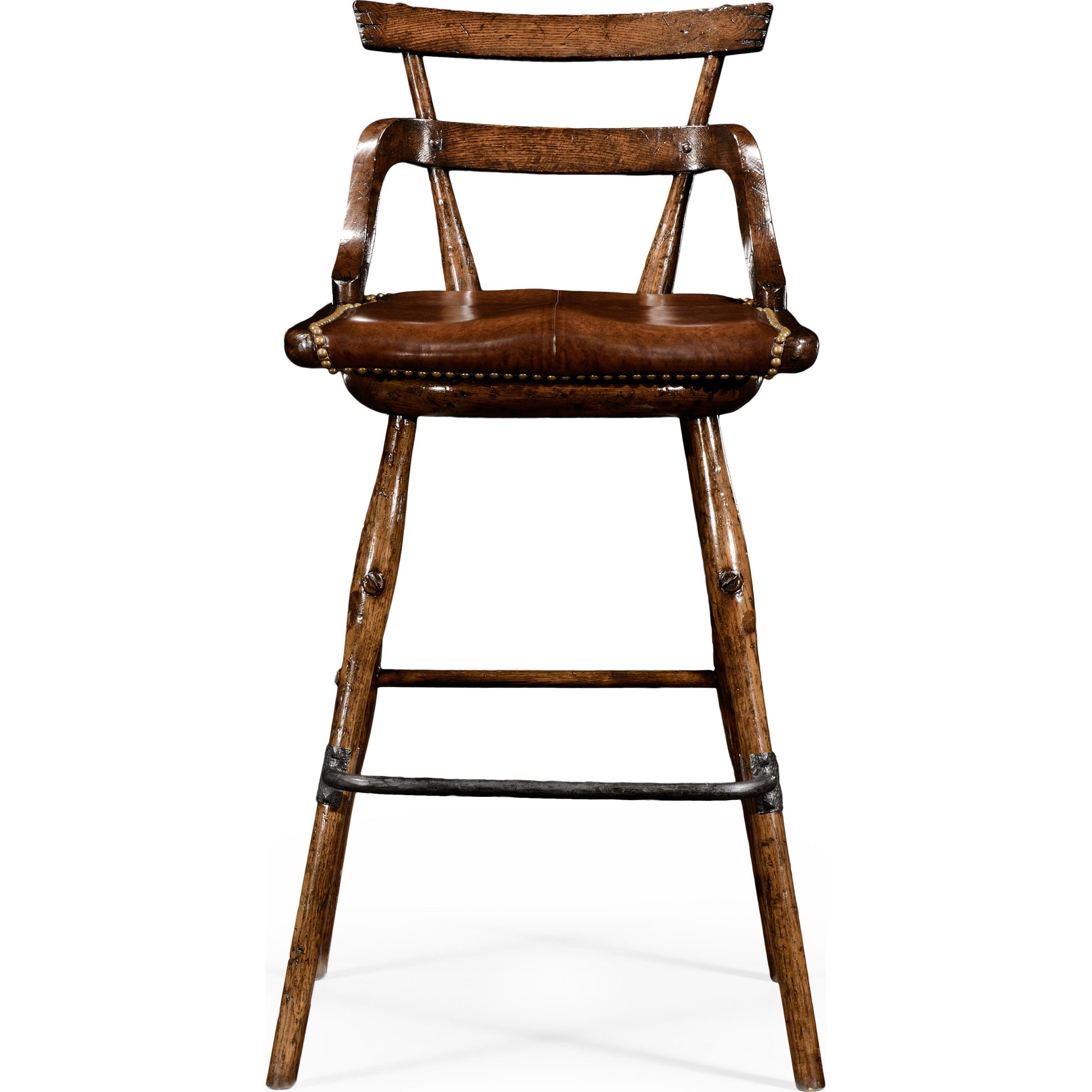 Buckingham Oak Studded Leather Barstool by Jonathan Charles in brown and dark brown tudor oak. Made from oak in a rustic style.