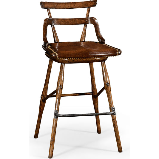 Buckingham Oak Studded Leather Barstool by Jonathan Charles in brown and dark brown tudor oak. Made from oak in a rustic style.