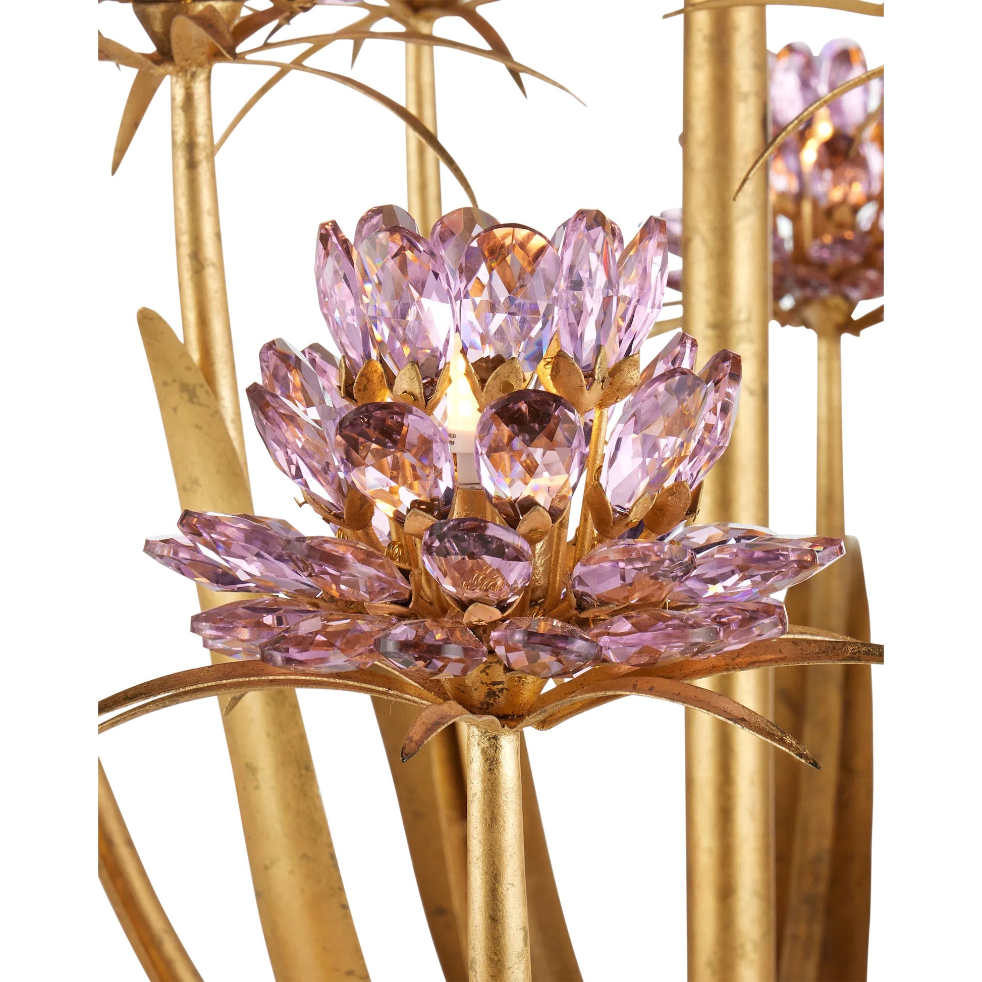 Marilee Chandelier by Currey and Company in pink, dutch gold leaf. Made from crystal, wrought iron in a eclectic & global style.