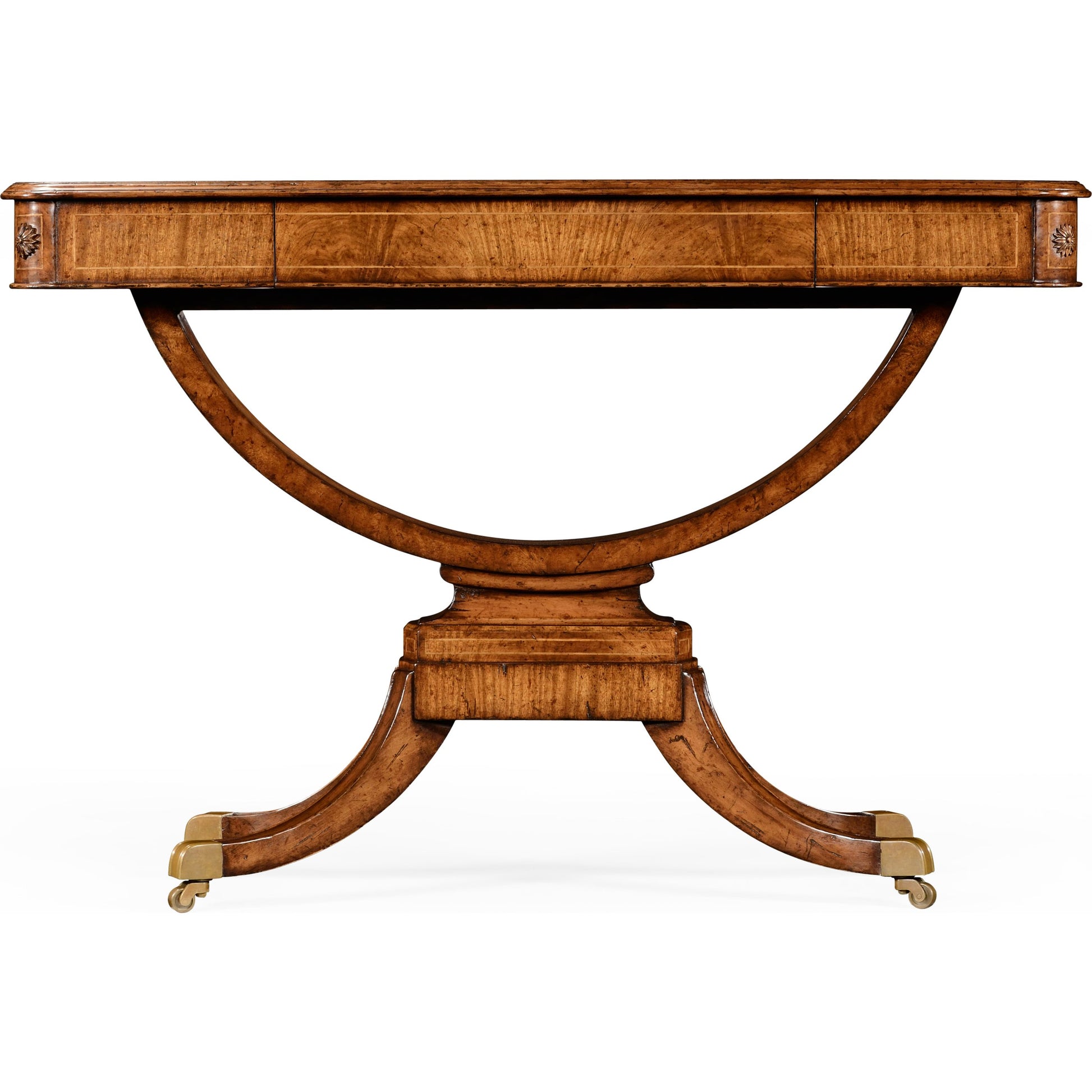Windsor Biedermeier Style Crotch Walnut Sofa Table by Jonathan Charles in medium crotch walnut. Made from acacia in a traditional style.