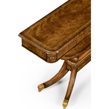 Windsor Biedermeier Style Crotch Walnut Sofa Table by Jonathan Charles in medium crotch walnut. Made from acacia in a traditional style.