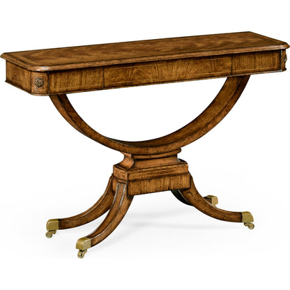 Windsor Biedermeier Style Crotch Walnut Sofa Table by Jonathan Charles in medium crotch walnut. Made from acacia in a traditional style.