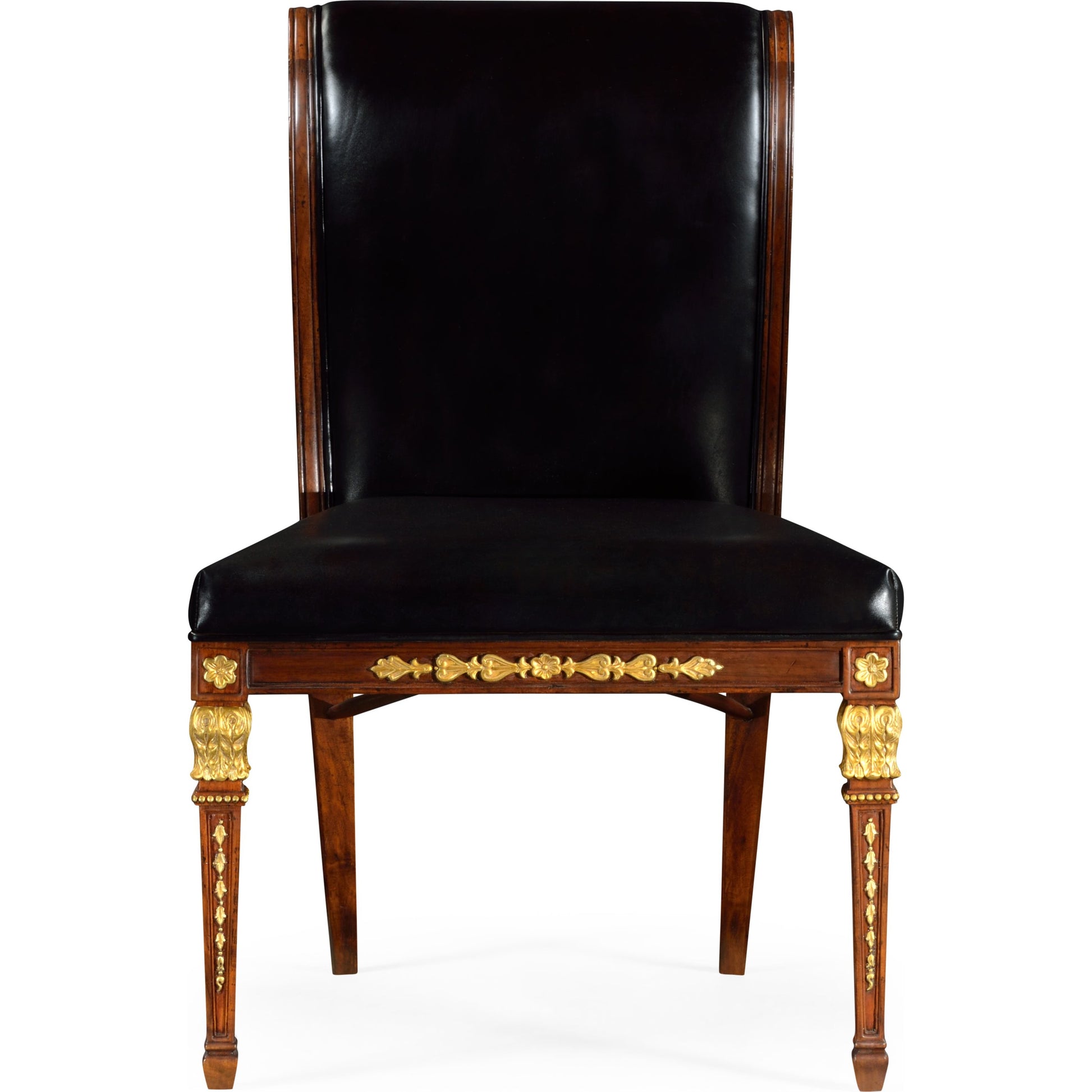 Icarus Empire Angel Wing Side Chair, Upholstered Antique Caviar Black Leather by Jonathan Charles in brown and medium walnut. Made from acacia in a eclectic & global style.